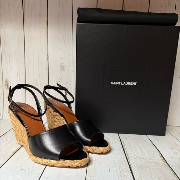 Saint Laurent Calfskin Paloma Espadrille 95 Wedges Sandals Black Sz 36.5 / 6.5 - Picture 1 of 15